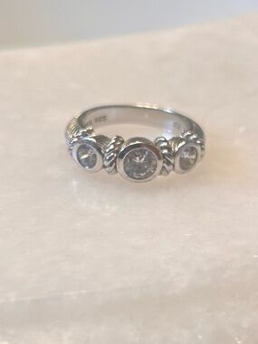 Judith Ripka Silver Three-Stone CZ Rope-Detail Ring